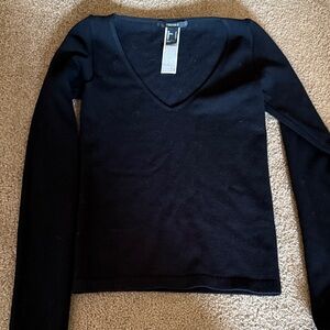 Forever 21 Black Ribbed V-Neck Long Sleeve Top